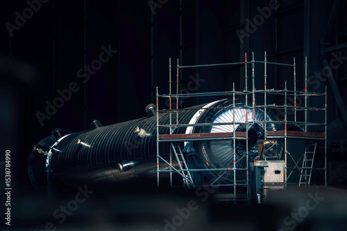 Windmill under construction. Large jet engine component under assembly.