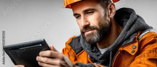 there is a man dressed in orange protective gear who appears to be a construction worker. he is holding a smartphone and is engrossed in its screen