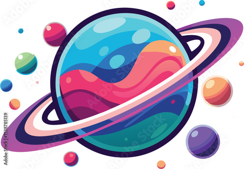 Vibrant colorful planet with rings and moons in space