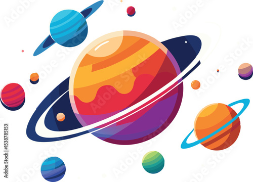 Vibrant colorful planets and rings in space illustration