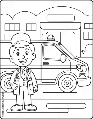 A cute doctor with ambulance in hospital coloring page for kids, black and white line art vector illustration for medical student coloring book