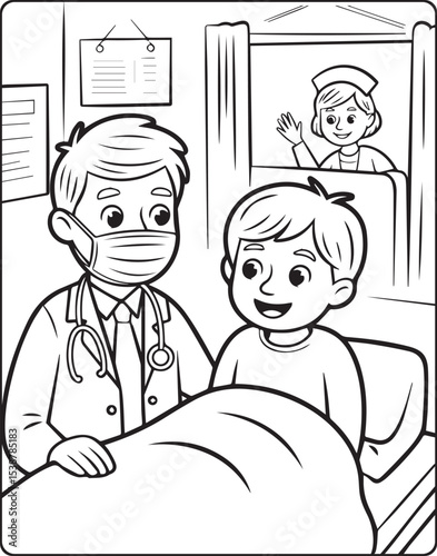 A cute doctor and patient in hospital coloring page for kids, black and white line art vector illustration for medical student coloring book