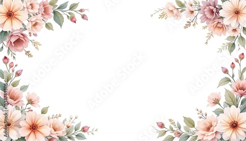 Vintage floral border with soft pastel roses, peonies, and leaves on white background. Perfect for wedding invitations, greeting cards, and elegant designs with space for text in the center.