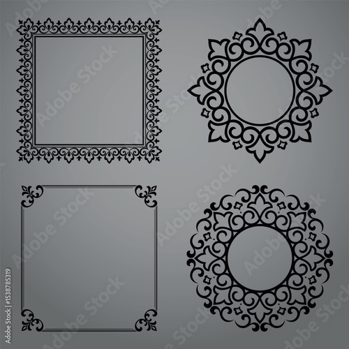 Set of decorative frames Elegant vector element for design in Eastern style, place for text. Floral black and gray borders. Lace illustration for invitations and greeting cards