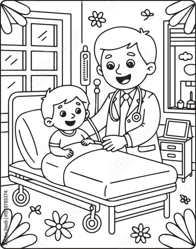 A cute doctor and patient in hospital coloring page for kids, black and white line art vector illustration for medical student coloring book