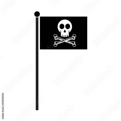 Pirate Skull and Crossbones Flag Vector Illustration. Pirate flag featuring a white skull above two crossed bones. The flag is mounted on a vertical black flagpole.