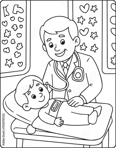 A cute doctor and patient in hospital coloring page for kids, black and white line art vector illustration for medical student coloring book