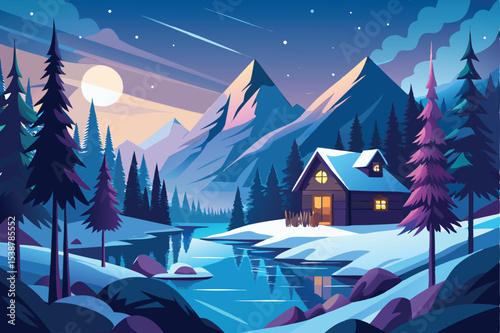 Serene winter cabin by a frozen lake in the mountains
