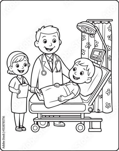 A cute doctor and patient in hospital coloring page for kids, black and white line art vector illustration for medical student coloring book