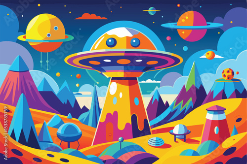 Vibrant alien landscape with ufo and colorful planets
