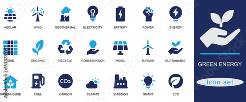 A Solid  green energy icon set. Featuring solar, wind, hydro, battery, recycle, eco, and sustainable symbols. Ideal for environmental and UI design projects.