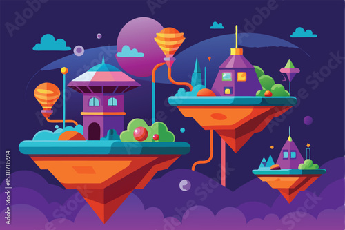 Vibrant floating islands in a surreal nightscape