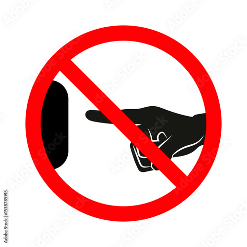 Do Not Touch Sign Vector Illustration. A vector illustration of a prohibition sign featuring a black silhouette of a human hand reaching out towards a button or surface.