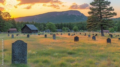 Historic cemetery at sunset, mountain backdrop, tranquil scene
