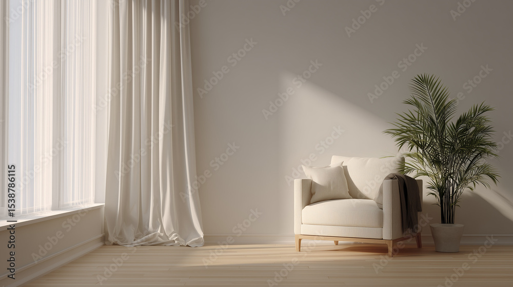 Fototapeta premium Minimalist armchair and plant in a serene living space, embodying simplicity and calm.