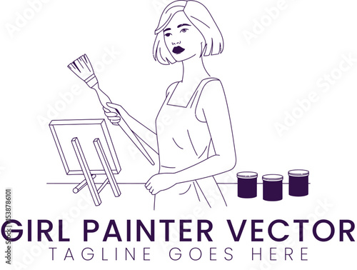 Elegant Girl Painter Vector Illustration Art Design Studio Painting Artist brush woman style image  