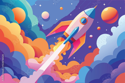 Colorful rocket launching through vibrant space clouds