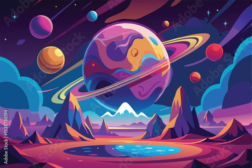 Vibrant alien planet landscape with ringed planet and mountains