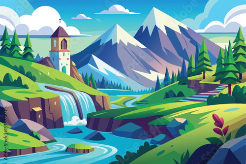 Serene mountain landscape with waterfall and church