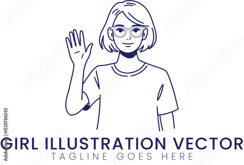 Stylish Girl Waving Hand Vector Illustration Design Graphic art wave cute line icon blue happy young
