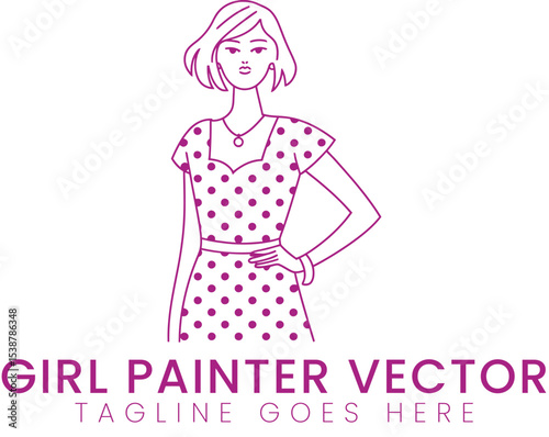 Elegant Girl in Polka Dot Dress Vector Illustration Fashion Design Graphic art line logo icon style 