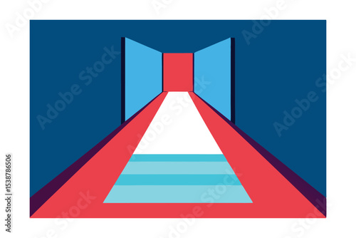 Abstract Pathway A Journey Through Geometric Doors and a Red Carpet to Tranquility