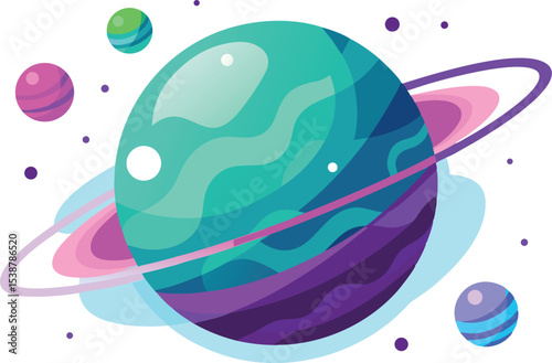 Vibrant teal planet with pink and purple rings in space