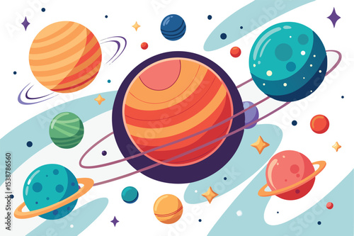 Vibrant cartoon planets and stars in space