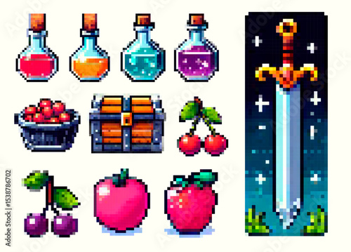 Colorful pixel art items—potions, fruit, treasure chest, sword—on light background, in popular retro-gaming pixel style. Vector illustration in bright red, blue, green, yellow, and pink colors.
