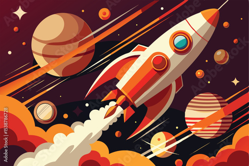 Retro rocket ship soaring through space amidst planets and stars