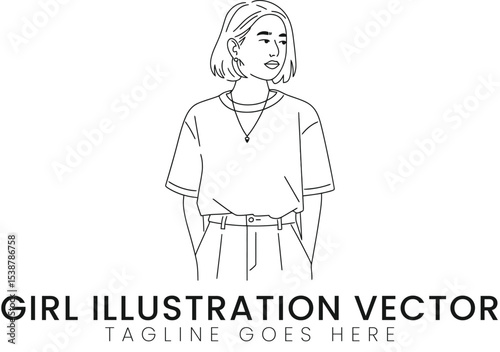Stylish Girl Minimalist Line Art Vector Illustration Fashion Design Graphic hair logo icon cute     
