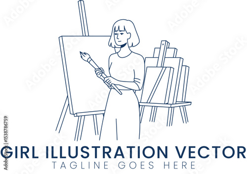 Young Artist Girl Painting on Easel Vector Illustration Graphic Design line blue woman brush style  