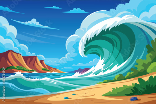 Majestic ocean wave crashing on tropical beach