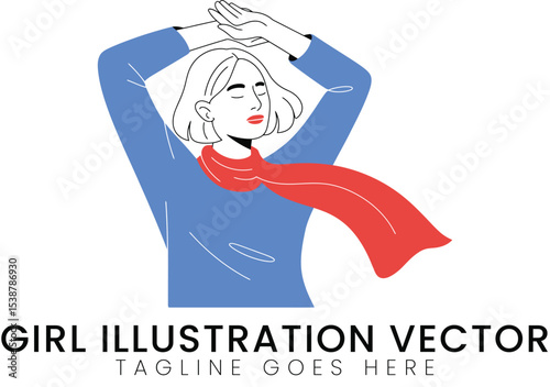 Stylish Girl Vector Illustration Modern Design Blue Red Scarf Happy Relaxed Minimalist Fashion art  