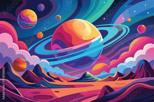 Vibrant cosmic landscape with ringed planet and mountains