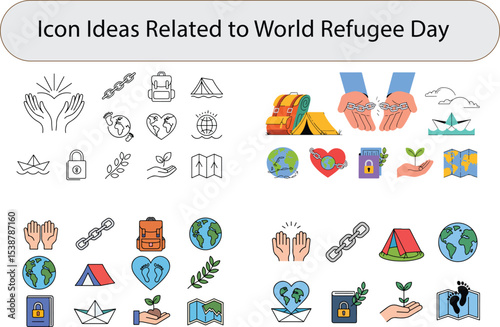 World Refugee Day Icons Set – Minimalist Humanitarian Symbols Including Family Silhouettes, Shelter, Migration, Peace, Aid, and Global Compassion in Line Style