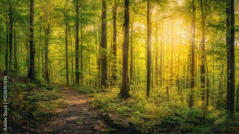 Fototapeta premium Tranquil forest path bathed in warm golden sunlight, surrounded by tall lush green trees, dappled light patterns on the ground, dense undergrowth, serene natural haven.