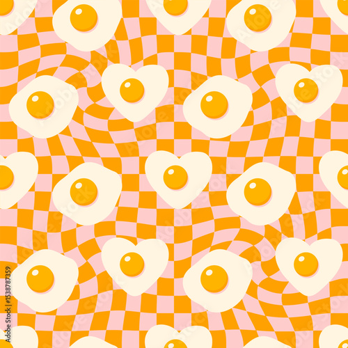 Doodle seamless pattern with fried eggs on trippy grid background. Aesthetic geometric print for paper, fabric, textile. Hand drawn vector illustration for decor and design.