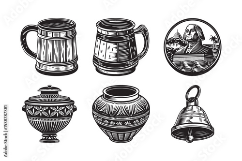silhouette of clay items bundle on the white background