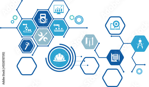 Industrial engineering vector illustration. industry, engineer hardhat, automation and process integration in a factory.	