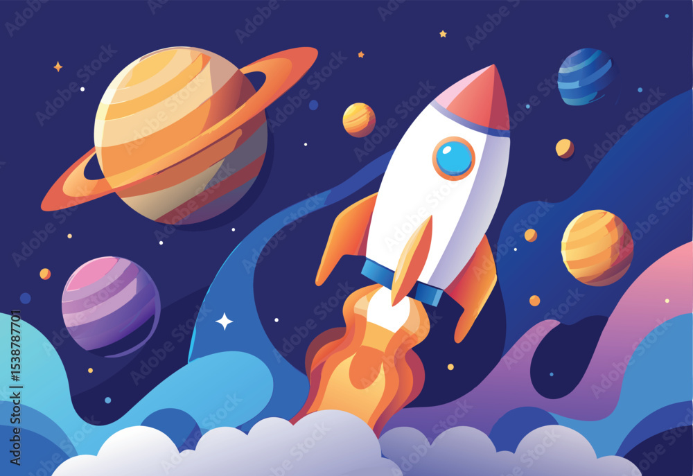 Naklejka premium Stylized rocket launching through vibrant space scene