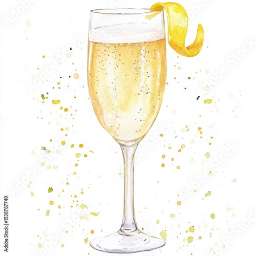 French 75 cocktail in champagne flute with lemon twist garnish and golden bubbles. Watercolor illustration with yellow splashes on white background. Classic sparkling gin drink concept. 