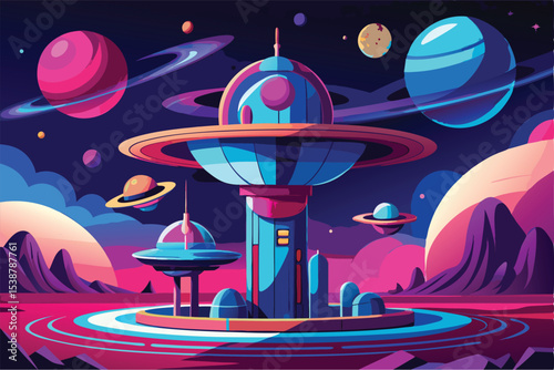 Vibrant alien cityscape with futuristic architecture and planets