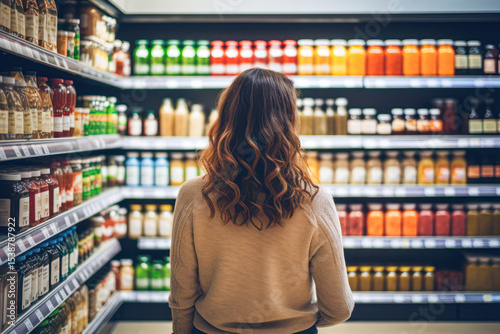 A woman with curly hair stands in a grocery store aisle, looking at a variety of colorful bottled beverages arranged on shelves.
