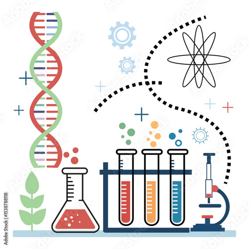 Lab with medical research, make vaccine in science laboratory, vector illustration, flat tiny scientist man woman character test medicine
