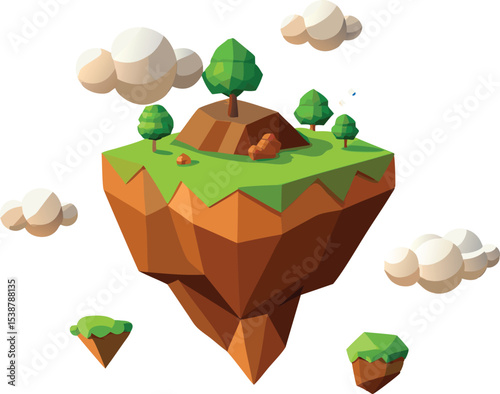 Low polygonal floating island with trees and clouds