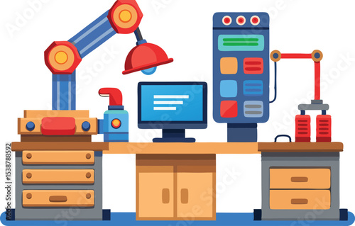 Modern robotics laboratory workstation with computer and robotic arms