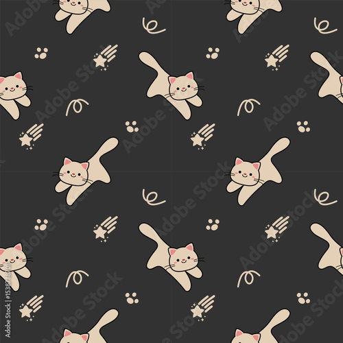 Cat cartoon so cute. On footprint meteor black background. Pattern seamless vector illustration. 