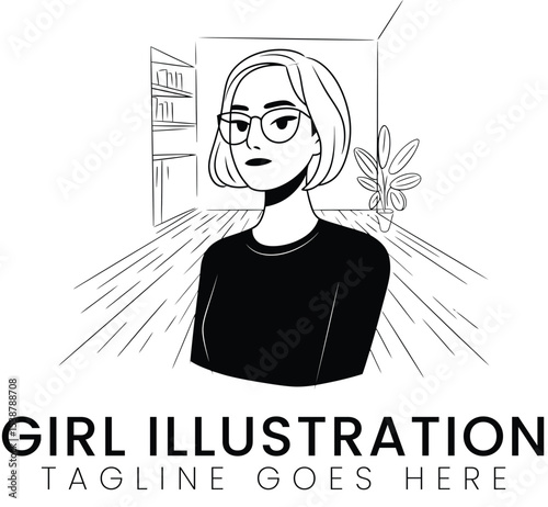 Stylish Girl Line Art Illustration Minimalist Black White Design hair room woman plant books image  