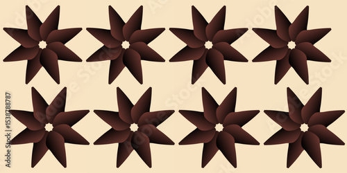 Seamless pattern of dark brown abstract flower shapes with eight petals on a light beige background.